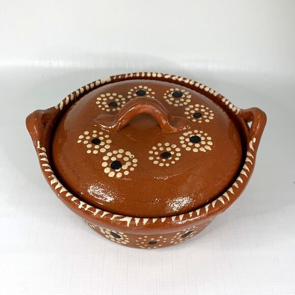 Primitive Covered Dish Tonala Terracotta Lid Hand Painted Mexico Rustic Vintage - Picture 2 of 7